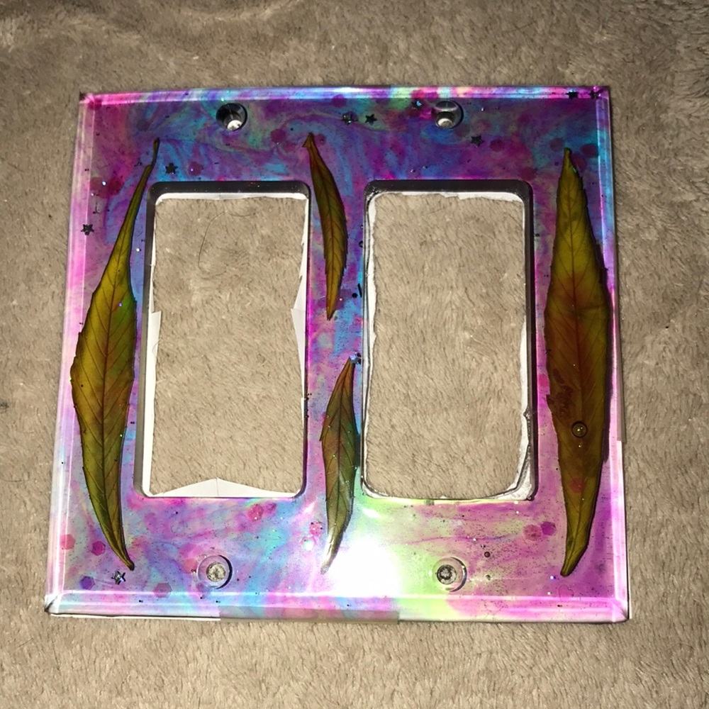 epoxy resin 2 panel light switch plate multi colored with leaves by Me💕